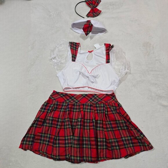 Party King ✦ Schoolgirl Costume Set ✦ Plaid Skirt White Crop Top Collar Hair Bow - Picture 3 of 13